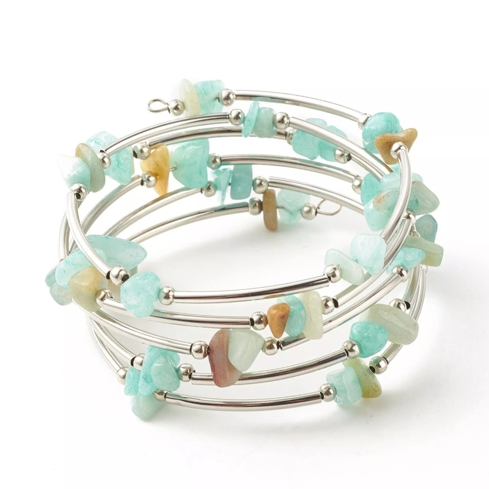 Natural Amazonite And Stainless Steel bangle Wrap bracelet Reiki Chakra Crystal